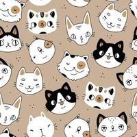Seamless vector pattern with cute black and white cats in cartoon doodle style on a brown background. Print with cats.
