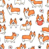 Seamless pattern with cute corgi dogs, paws and hearts in cartoon doodle style. Vector illustration background.