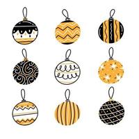 A set of assorted christmas balls with patterns in a simple doodle style. Vector illustration isolated on white background.