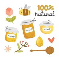 Honey set with objects in cartoon doodle style. Vector illustration isolated on white background. Honey, bee, beehive, flowers.