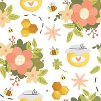 Honey seamless pattern with different objects in a cute cartoon style. Vector illustration. Pattern with bees, honey, honeycomb, jar of honey, flowers on white background.