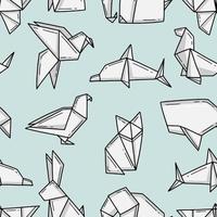 Seamless pattern with origami animals in a simple doodle style on a light blue background. Vector illustration background.