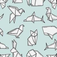 Seamless pattern with origami animals in a simple doodle style on a light blue background. Vector illustration background.