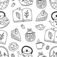 Black and white doodle seamless pattern with different autumn elements. Vector illustration. Cozy autumn.