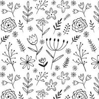 Simple black and white pattern with flowers and twigs in a doodle style. Vector illustration background for design.