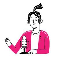 Happy girl in headphones speaks into the microphone. A female character speaks into a microphone. Vector illustration in line doodle style.