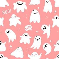 Seamless pattern with cute ghosts and lettering in cute cartoon doodle style on a pink background. Vector illustration background for halloween.