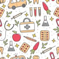 Seamless pattern with multicolored medical items in doodle style, thermometer, syringe, flask, pills, vitamins, ambulance. Vector doodle illustration. Design for wallpaper, packaging.