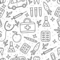 Seamless pattern of medical items in doodle style, thermometer, syringe, flask, pills, vitamins, ambulance. Vector outline doodle illustration isolated on background.