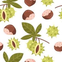 Seamless pattern with chestnuts nuts with leaves and branches. Vector illustration background.