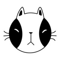 Cute cat in cartoon flat doodle style. Vector illustration isolated on white background. Black and white cat head.