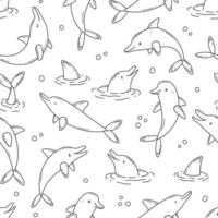 Seamless black and white background with cute dolphins and bubbles in cartoon doodle style. Vector illustration background.