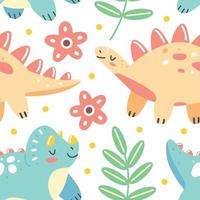 Seamless pattern with dinosaurs and leaves in a cute cartoon style on a white background. Vector children's illustration. Design of wallpaper, packaging, clothing.