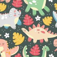 Seamless pattern with dinosaurs and leaves in a cute cartoon style on a dark background. Vector children's illustration. Design for wallpaper, packaging, clothing.