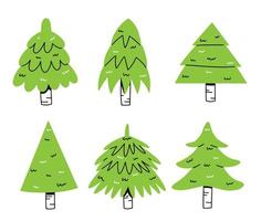 Set of cute Christmas trees in doodle style. Collection of trees. Vector New Year illustration. Merry Christmas.