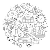 A large set of items on the theme of summer and the beach in the shape of a circle in a cute cartoon doodle style. Black and white vector illustration isolated on white background.