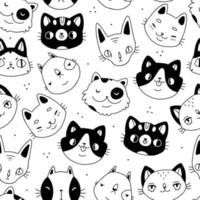 Seamless cute pattern with cats heads in simple black and white doodle style. Vector illustration background with funny animals.