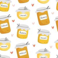 Honey seamless pattern with different jars of honey in cute cartoon style. Vector illustration. Sample with jars of honey and hearts on a white background.