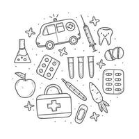 Set of black and white medical items in doodle style, thermometer, syringe, flask, pills. Vector doodle illustration. Objects isolated on background.