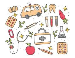 Set of multi-colored medical items in doodle style, thermometer, syringe, flask, pills, vitamins, ambulance. Vector doodle illustration. Objects isolated on white background.