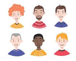 A set of portraits of different men in a cute cartoon style on a white background. Collection of avatars of people. Male faces. Vector illustration.