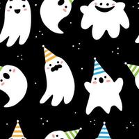 Seamless pattern with cute ghosts in holiday caps in cute cartoon doodle style on a black background. Vector illustration background.