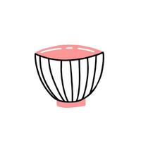 Ceramic pink and white striped cup with line patterns in simple doodle style. Vector illustration isolated on white background.