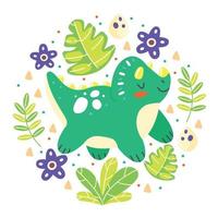 Set of triceratops dinosaur with leaves in cartoon style. Dinosaur, leaves, flowers in the form of a circle. Vector illustration isolated on white background.