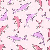 Seamless pattern with cute dolphins in cartoon doodle style. Vector illustration background in pink colors.