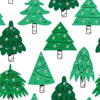 Seamless pattern with cute green Christmas trees in doodle style. Vector Christmas illustration background. Merry Christmas.