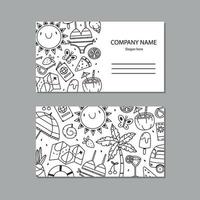 Black and white business card with summer elements, sun, watermelon, coconut, swimsuit, palm tree, shells, umbrella, doodle style ice cream. Vector illustration. Ready-made design for a business card.