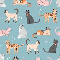 Seamless pattern with cute cats on a blue background. Background with animals. Vector illustration.