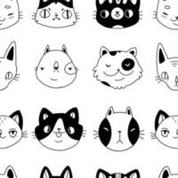 Seamless black and white vector pattern with cute cats in cartoon doodle style on a white background. Print with cats.