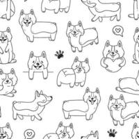 Seamless black-white background with cute corgi dogs, paws and hearts in cartoon doodle style. Vector illustration background.