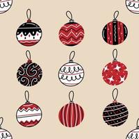 Seamless pattern with black-white-red christmas balls in cute doodle style on a pink background. Vector New Year and Christmas illustration background.