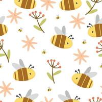 Honey seamless pattern with bees and flowers in cute cartoon style. Vector illustration. Pattern with bees and flowers on a white background.