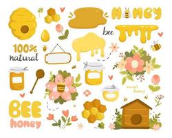 Big honey set with objects in cartoon doodle style isolated on white background. Vector illustration. Honey, bee, beehive, flowers.