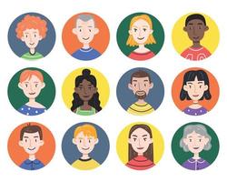 Set with portraits of different people in colored circles in a cute cartoon style isolated on a white background. Collection of people avatars. Female and male faces. Vector illustration.