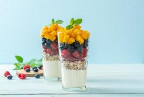 homemade mango, raspberry and blueberry with yogurt and granola photo