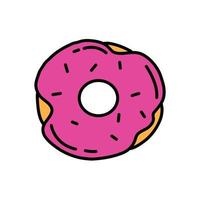 Colored donut with pink frosting and sprinkling in doodle style isolated on white background. Vector cartoon illustration.