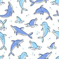 Seamless pattern with cute dolphins and bubbles in cartoon doodle style. Vector illustration background.