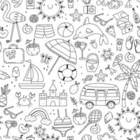 Seamless pattern with various summer and beach items in cartoon doodle style. Vector black and white summer background illustration.