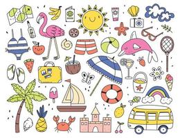 Large set of color different summer items doodle style isolated on white background. Vector doodle illustration.