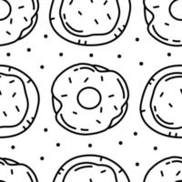 Seamless pattern with black and white donuts, buns and sprinkles on a white background. Vector cartoon doodle illustration for packaging, wallpaper.