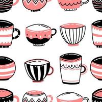 Seamless pattern with black and pink ceramic cups in a cute doodle style on a white background. Vector illustration background.