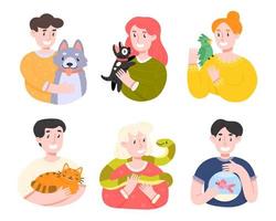 conjunto de ilustraciones vectoriales de dueños de mascotas felices. colección de personas sonrientes con diferentes mascotas en estilo de dibujos animados planos. elementos aislados sobre fondo blanco. vector