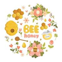conjunto de miel con objetos en estilo de dibujo de dibujos animados aislado sobre fondo blanco. ilustración vectorial miel, abeja, colmena, flores. vector