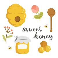 Honey set with objects in cartoon doodle style isolated on white background. Vector illustration. Honey, bee, beehive, flowers.