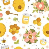 Honey seamless pattern with different objects in a cute cartoon style. Vector illustration. Pattern with bees, honey, honeycomb, beehive, flowers on white background.