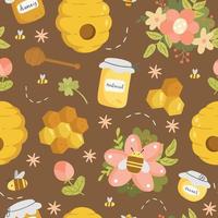 Honey seamless pattern with different objects in a cute cartoon style. Vector illustration. Pattern with bees, honey, honeycomb, beehive, flowers on brown background.